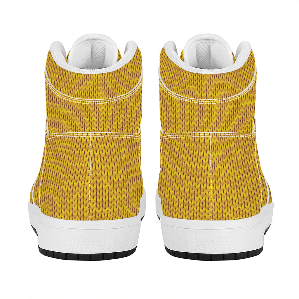 Yellow Knitted Pattern Print High Top Leather Sneakers