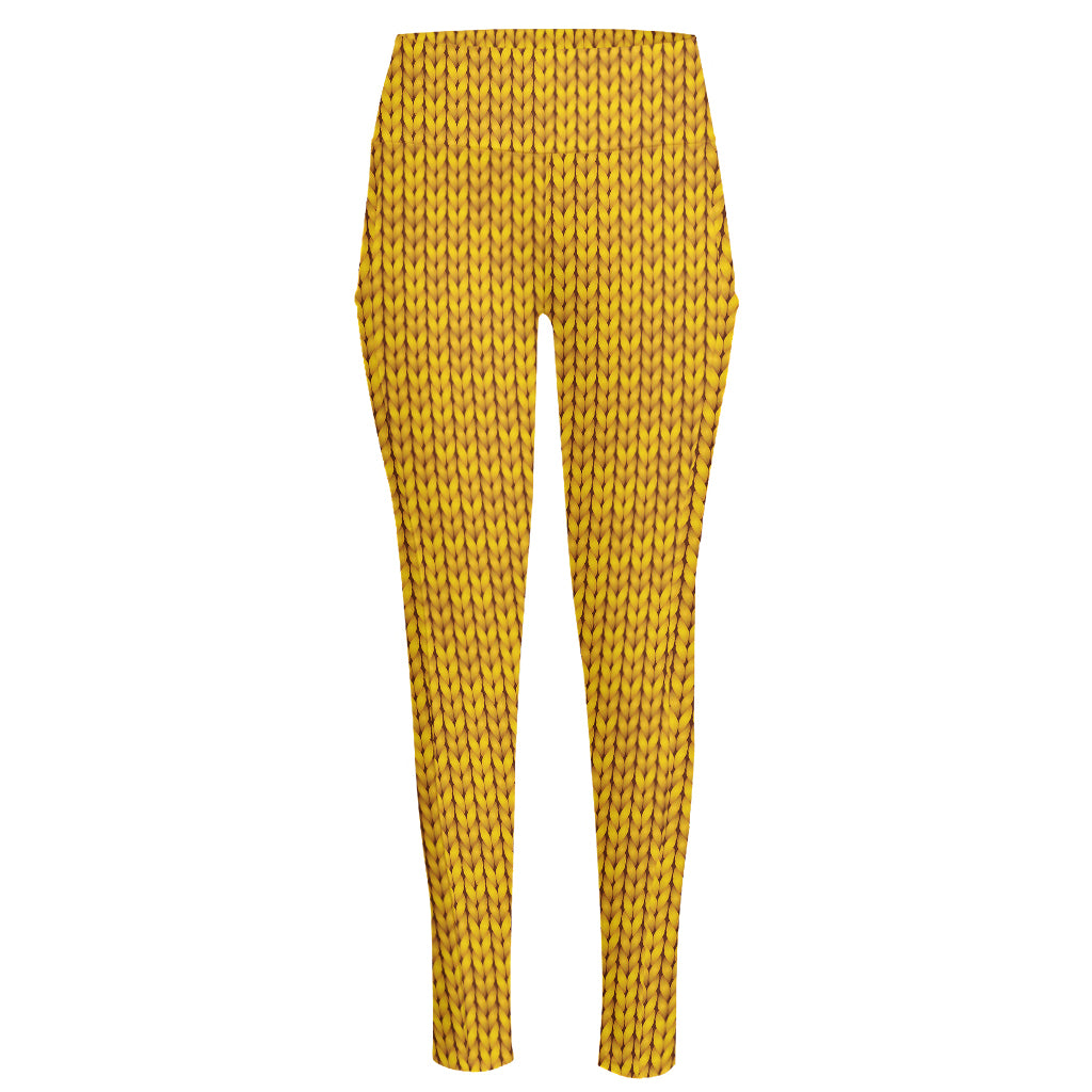 Yellow Knitted Pattern Print High-Waisted Pocket Leggings