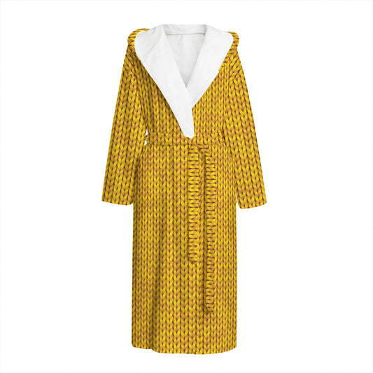 Yellow Knitted Pattern Print Hooded Bathrobe