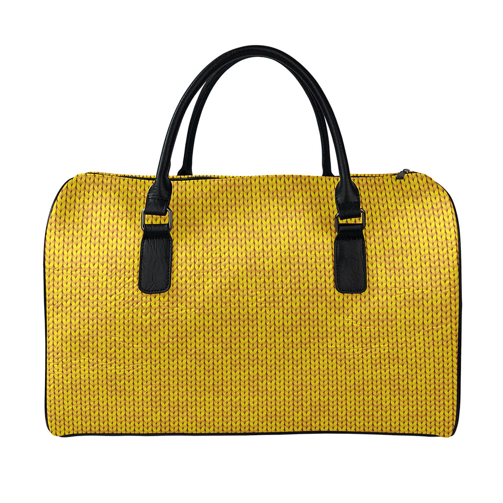 Yellow Knitted Pattern Print Leather Duffle Bag