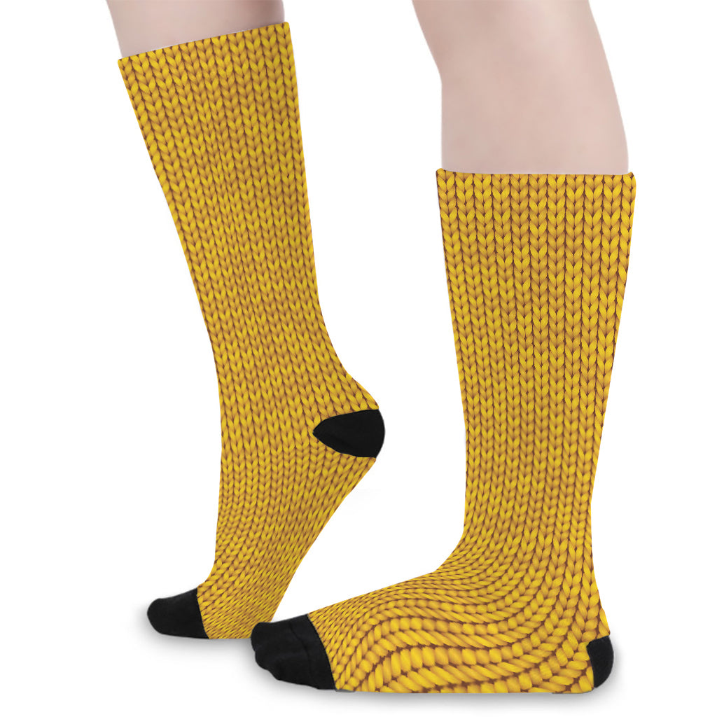 Yellow Knitted Pattern Print Long Socks