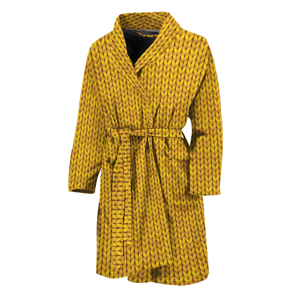 Yellow Knitted Pattern Print Men's Bathrobe