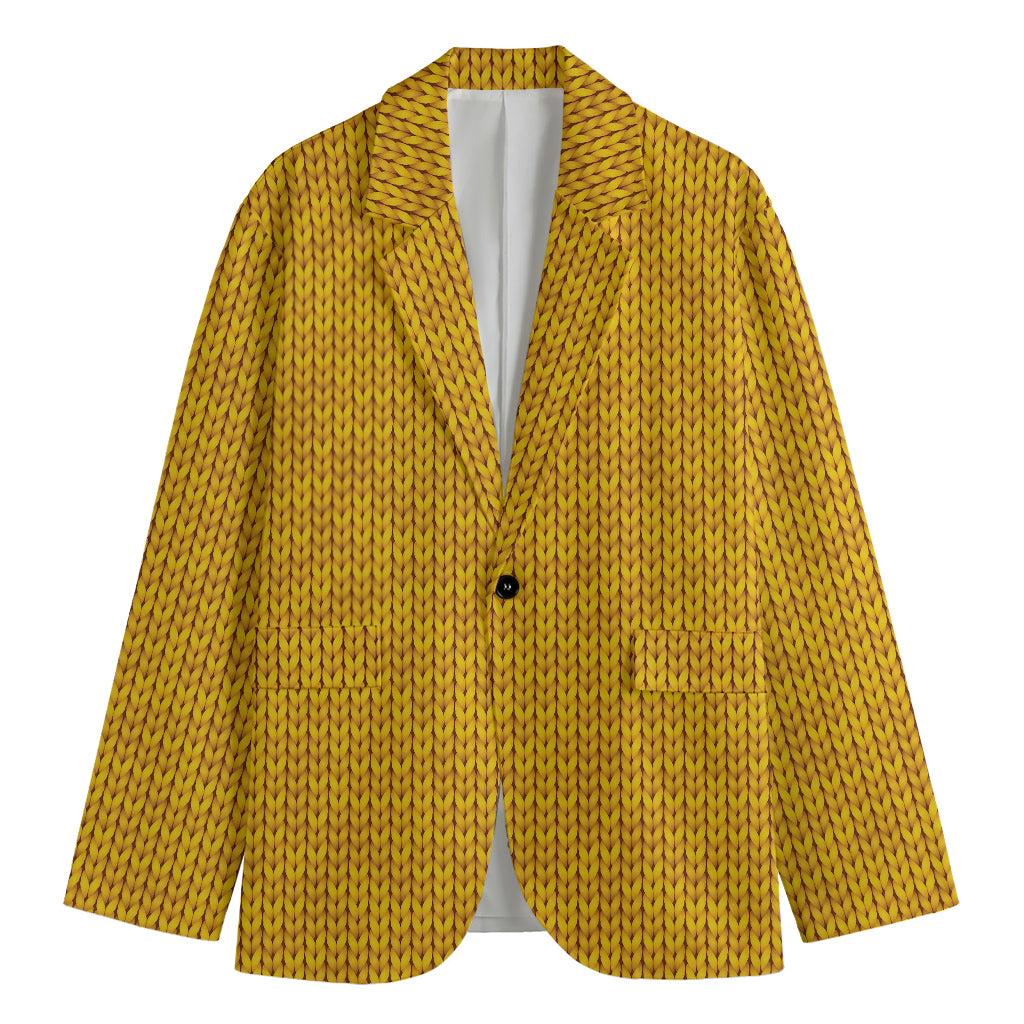 Yellow Knitted Pattern Print Men's Cotton Blazer