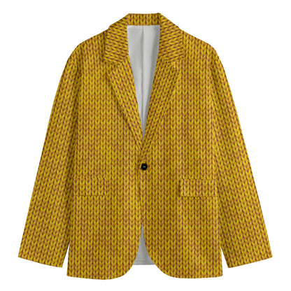 Yellow Knitted Pattern Print Men's Cotton Blazer