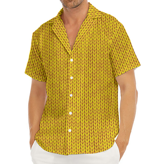 Yellow Knitted Pattern Print Men's Deep V-Neck Shirt