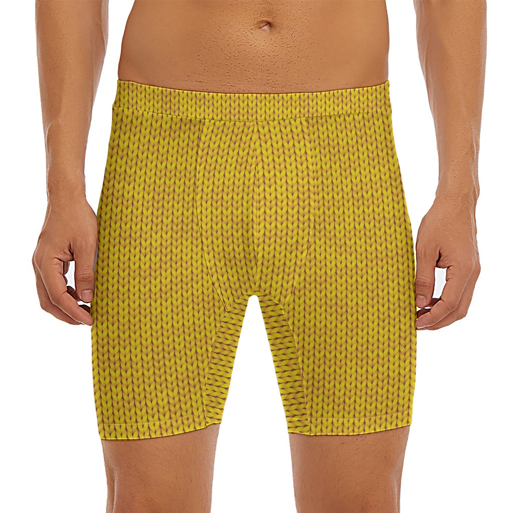 Yellow Knitted Pattern Print Men's Long Boxer Briefs