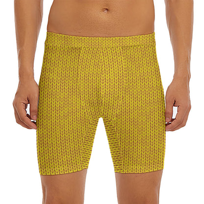 Yellow Knitted Pattern Print Men's Long Boxer Briefs