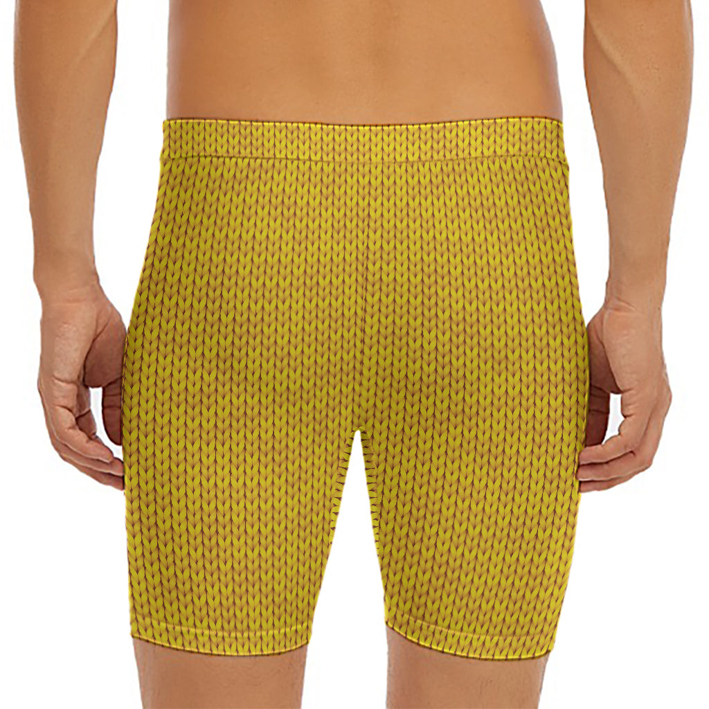Yellow Knitted Pattern Print Men's Long Boxer Briefs