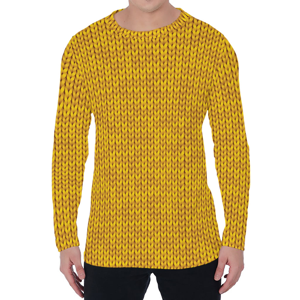 Yellow Knitted Pattern Print Men's Long Sleeve T-Shirt
