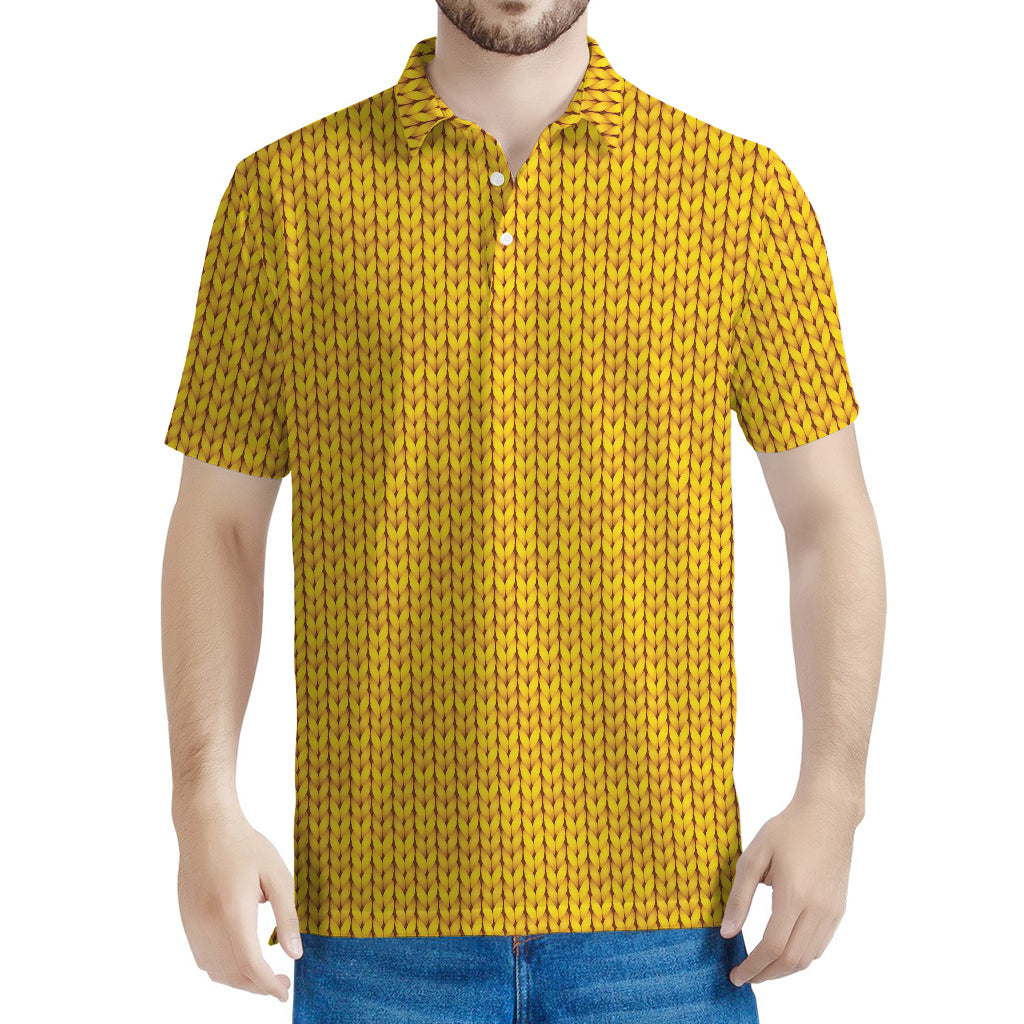 Yellow Knitted Pattern Print Men's Polo Shirt