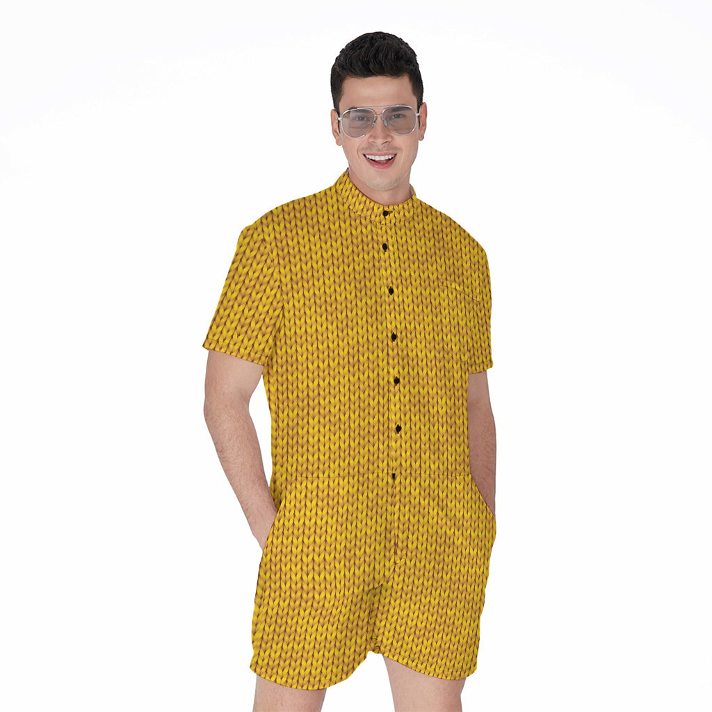 Yellow Knitted Pattern Print Men's Rompers