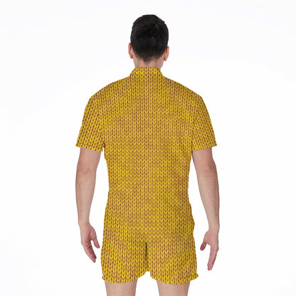 Yellow Knitted Pattern Print Men's Rompers