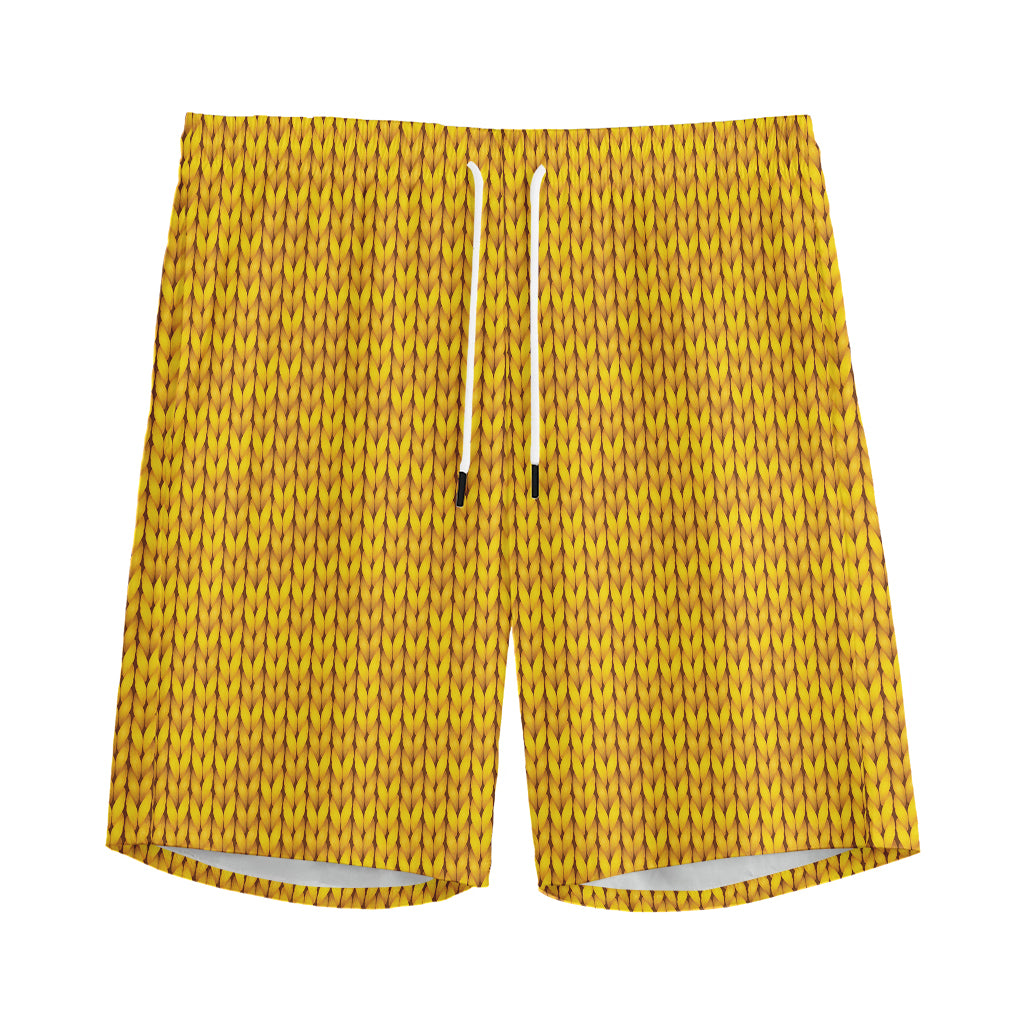 Yellow Knitted Pattern Print Men's Sports Shorts