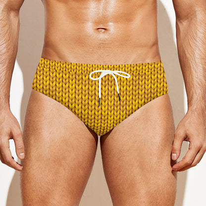 Yellow Knitted Pattern Print Men's Swim Briefs