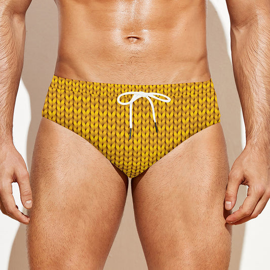 Yellow Knitted Pattern Print Men's Swim Briefs