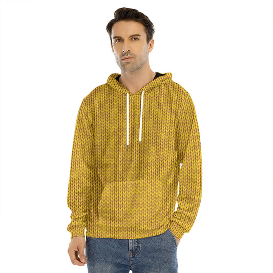 Yellow Knitted Pattern Print Men's Velvet Pullover Hoodie