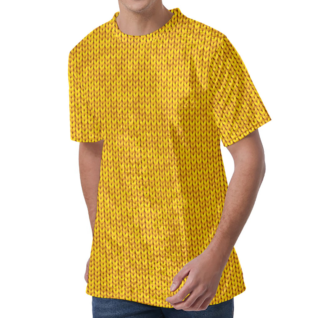 Yellow Knitted Pattern Print Men's Velvet T-Shirt