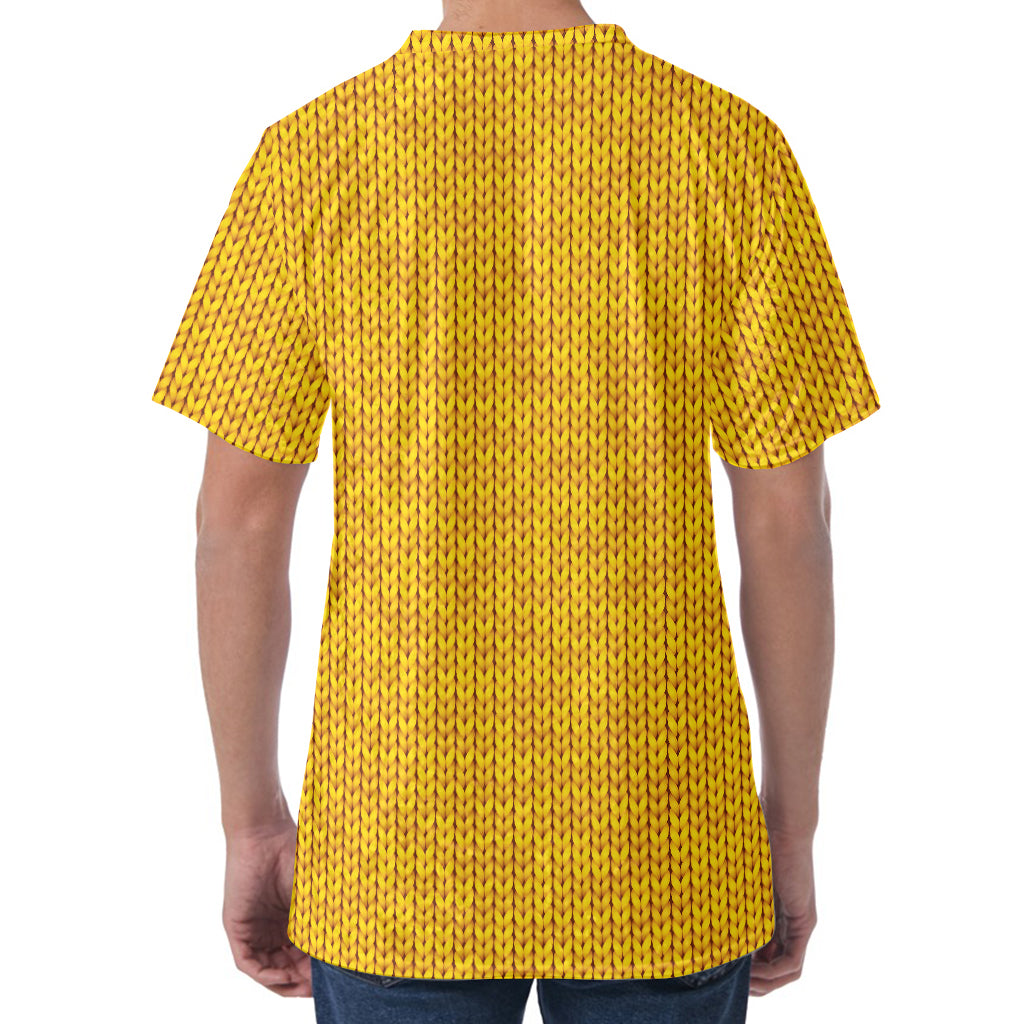 Yellow Knitted Pattern Print Men's Velvet T-Shirt