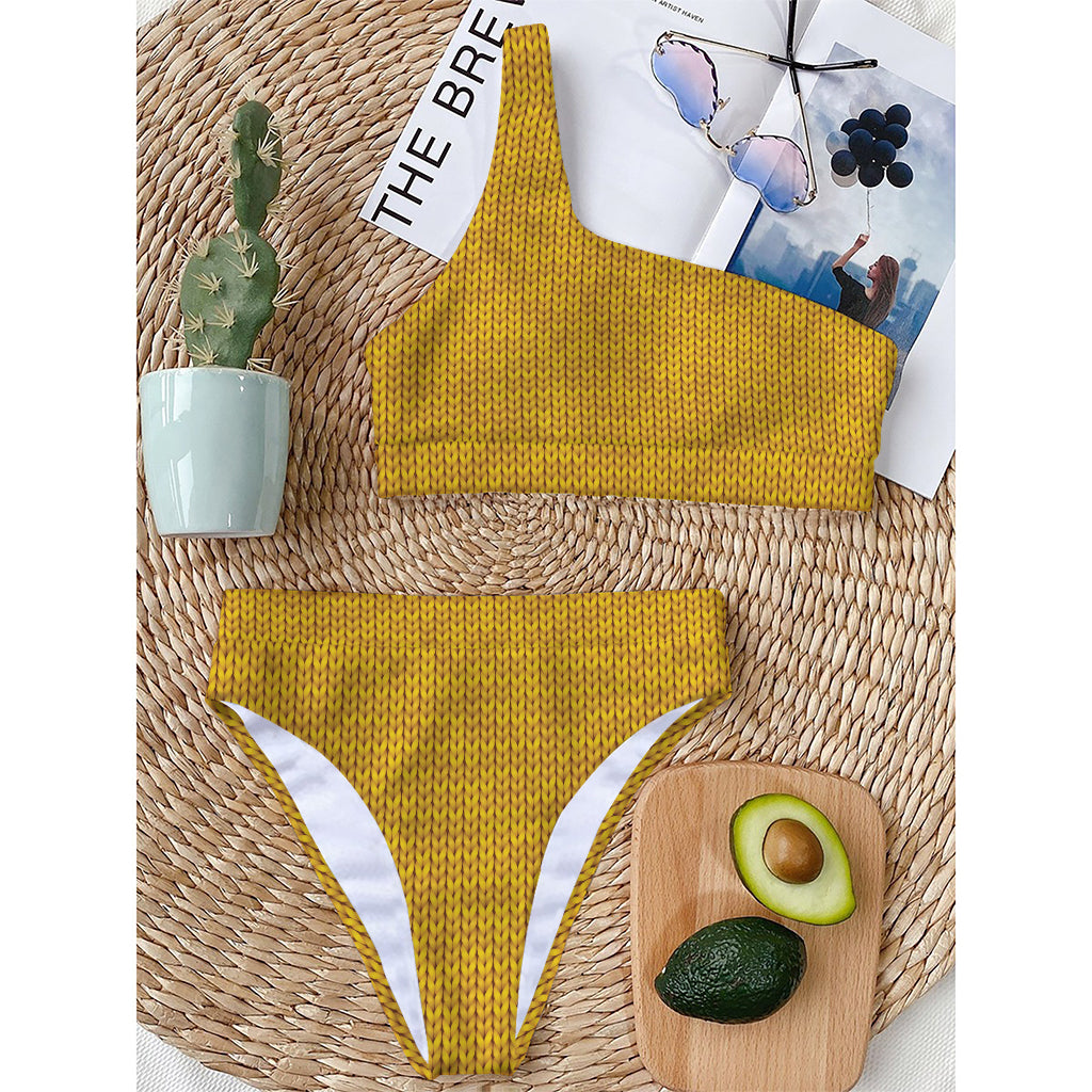 Yellow Knitted Pattern Print One Shoulder Bikini Top