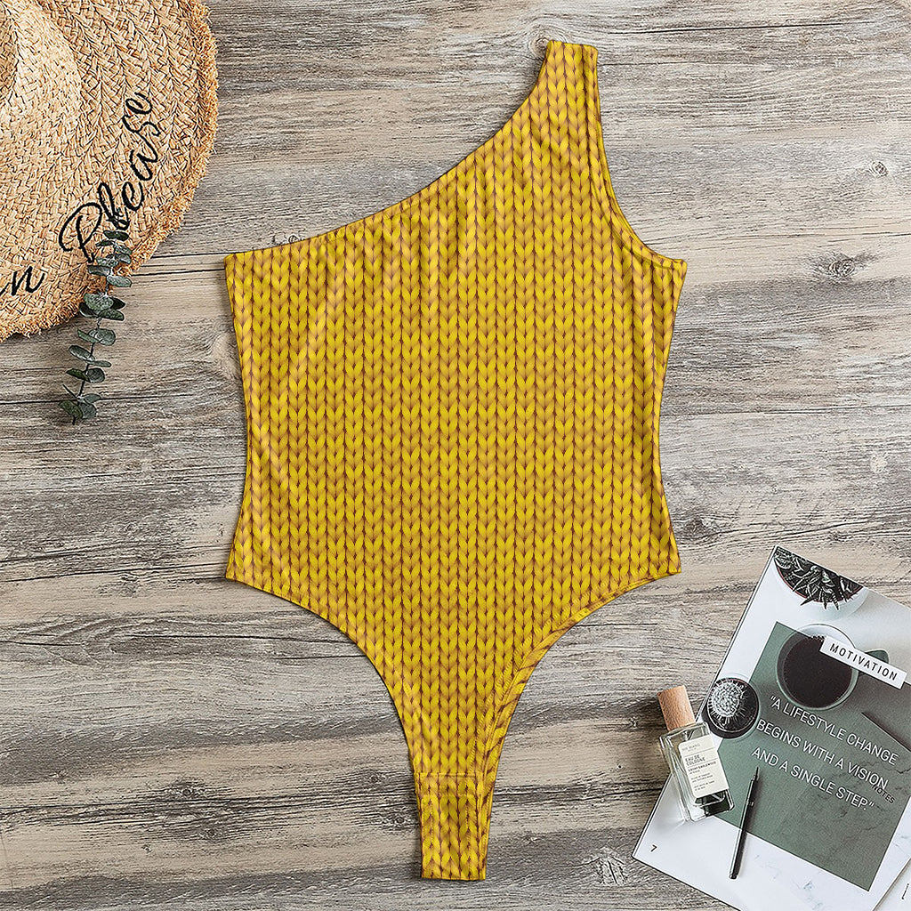 Yellow Knitted Pattern Print One Shoulder Bodysuit