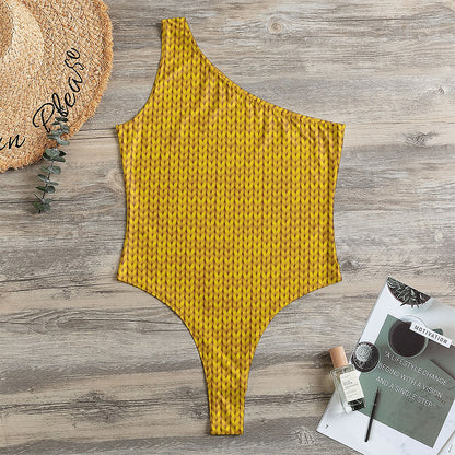 Yellow Knitted Pattern Print One Shoulder Bodysuit