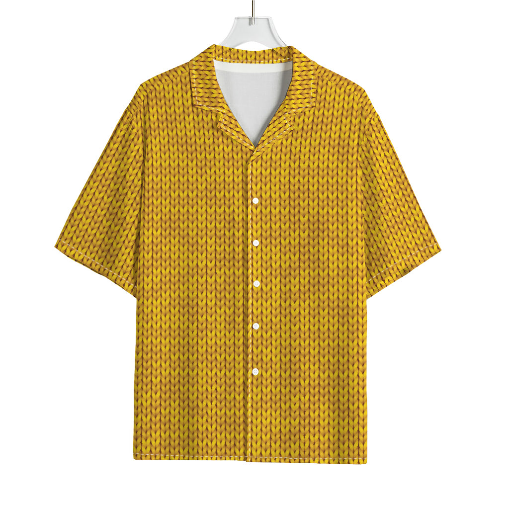 Yellow Knitted Pattern Print Rayon Hawaiian Shirt
