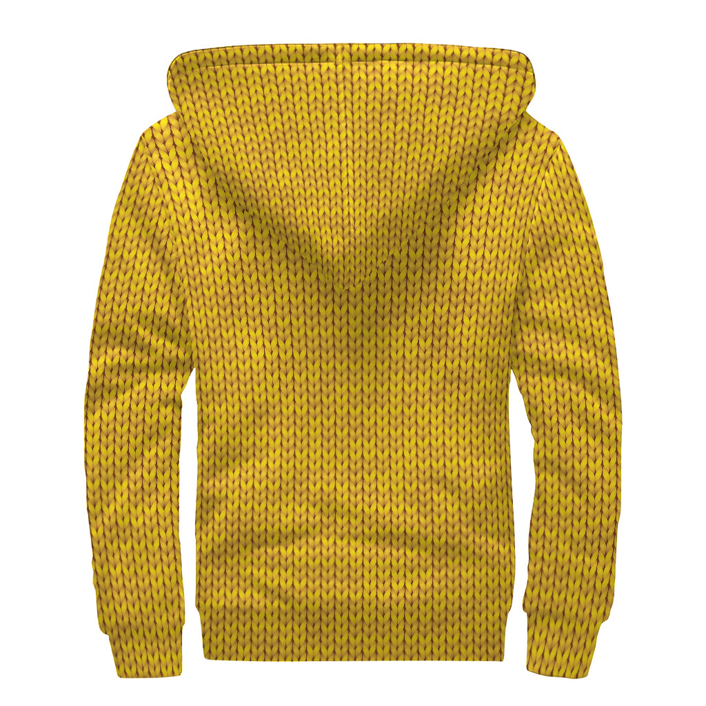 Yellow Knitted Pattern Print Sherpa Lined Zip Up Hoodie