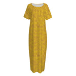 Yellow Knitted Pattern Print Short Sleeve Long Nightdress