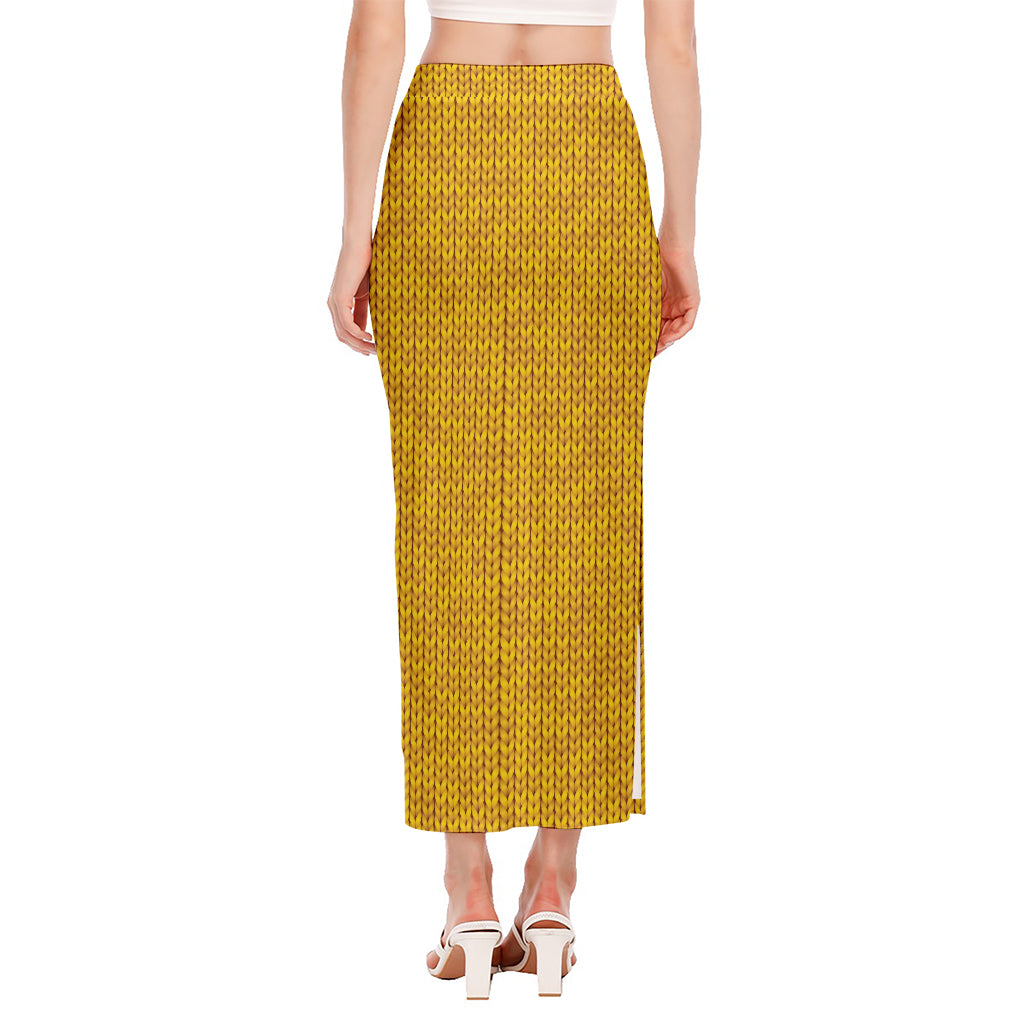 Yellow Knitted Pattern Print Side Slit Maxi Skirt