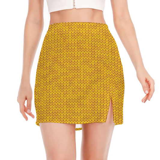Yellow Knitted Pattern Print Side Slit Mini Skirt