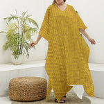 Yellow Knitted Pattern Print Silk V-Neck Kaftan Dress