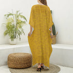 Yellow Knitted Pattern Print Silk V-Neck Kaftan Dress