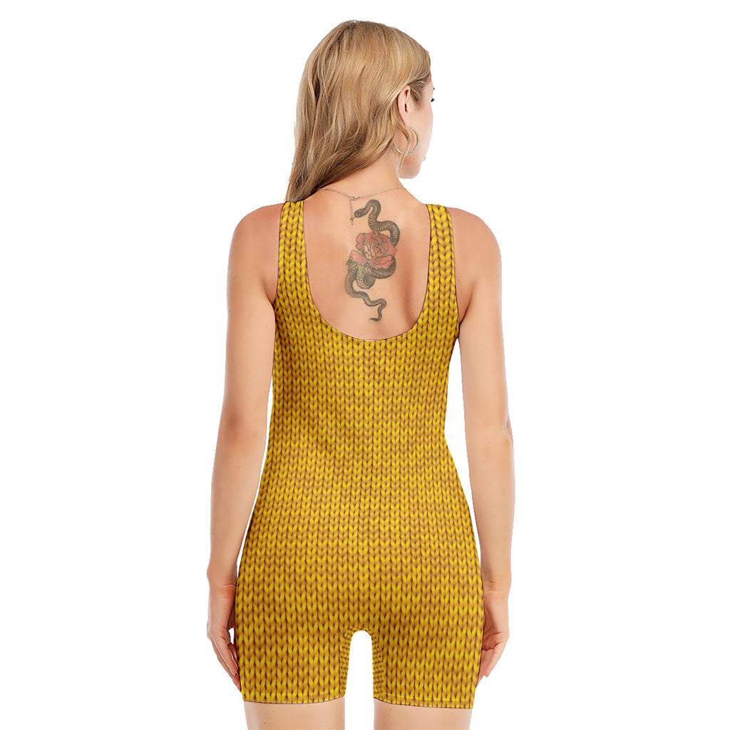 Yellow Knitted Pattern Print Sleeveless One Piece Swimsuit
