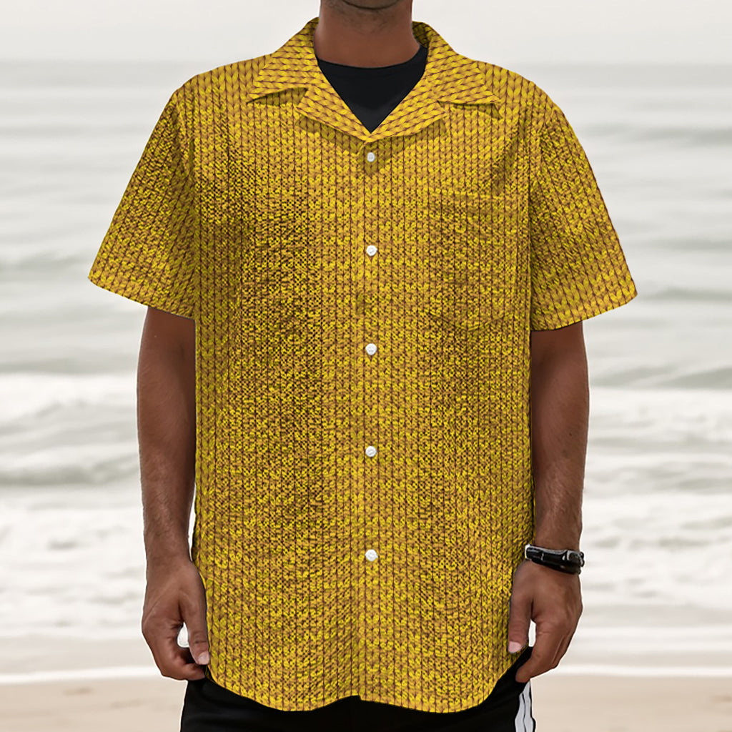 Yellow Knitted Pattern Print Textured Short Sleeve Shirt