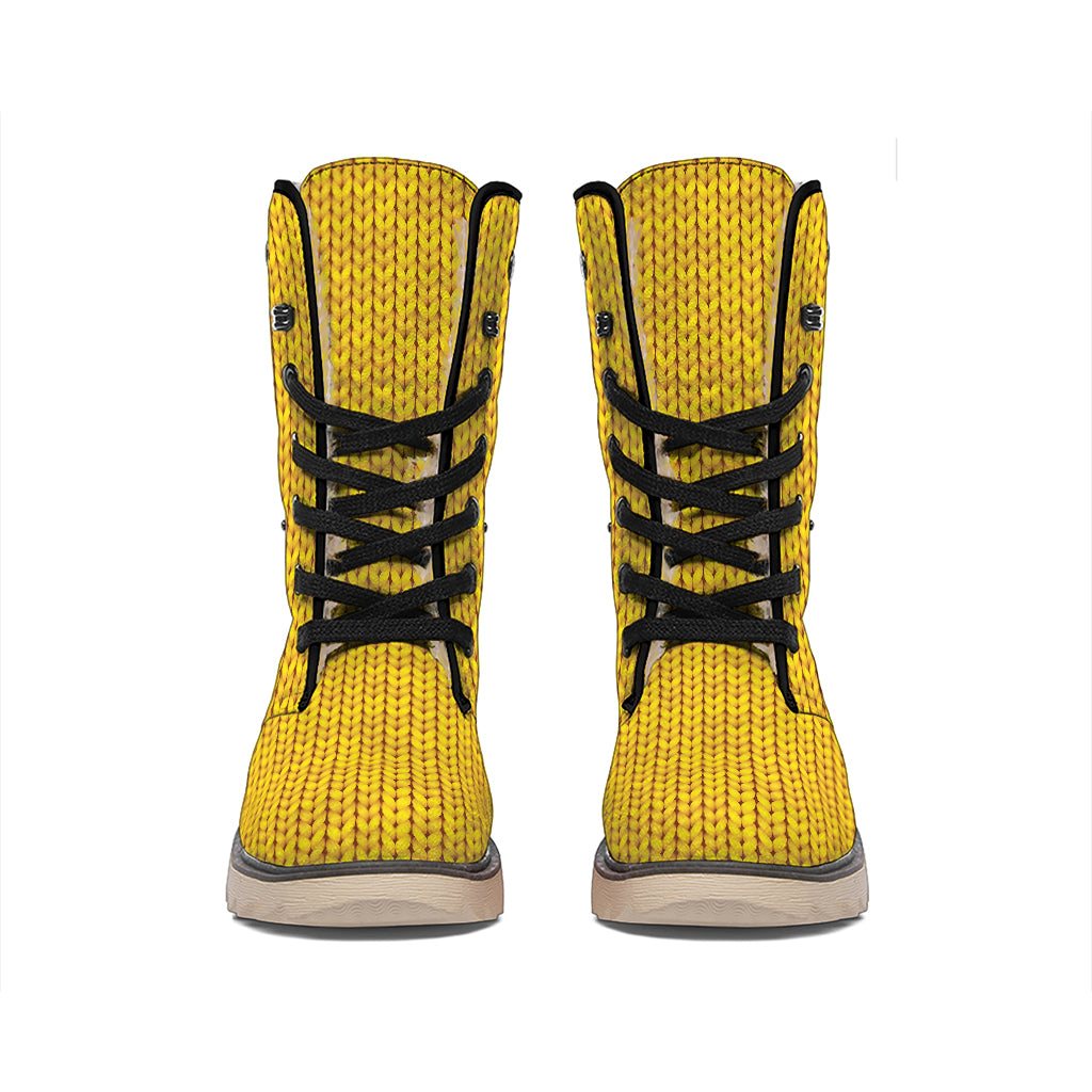 Yellow Knitted Pattern Print Winter Boots