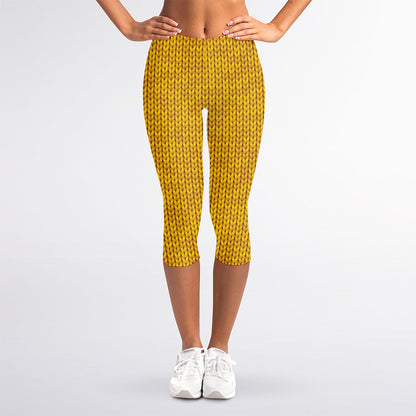 Yellow Knitted Pattern Print Women's Capri Leggings