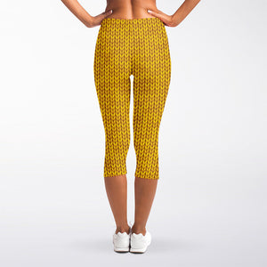 Yellow Knitted Pattern Print Women's Capri Leggings