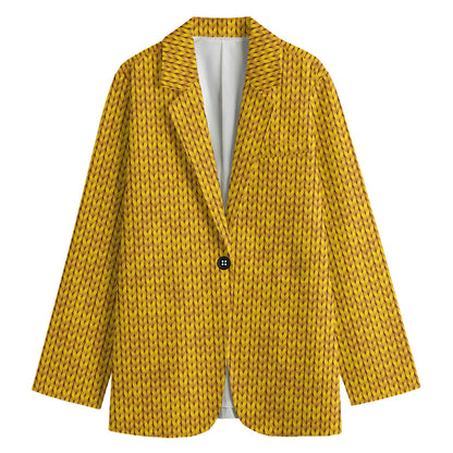 Yellow Knitted Pattern Print Women's Cotton Blazer