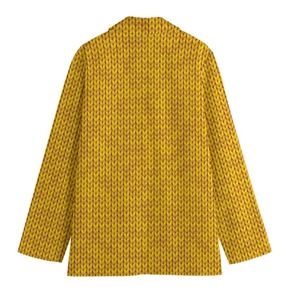 Yellow Knitted Pattern Print Women's Cotton Blazer
