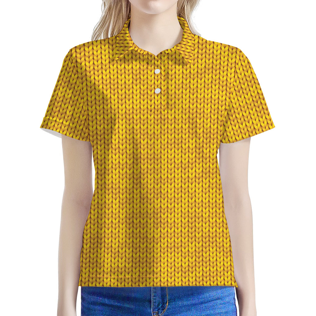 Yellow Knitted Pattern Print Women's Polo Shirt