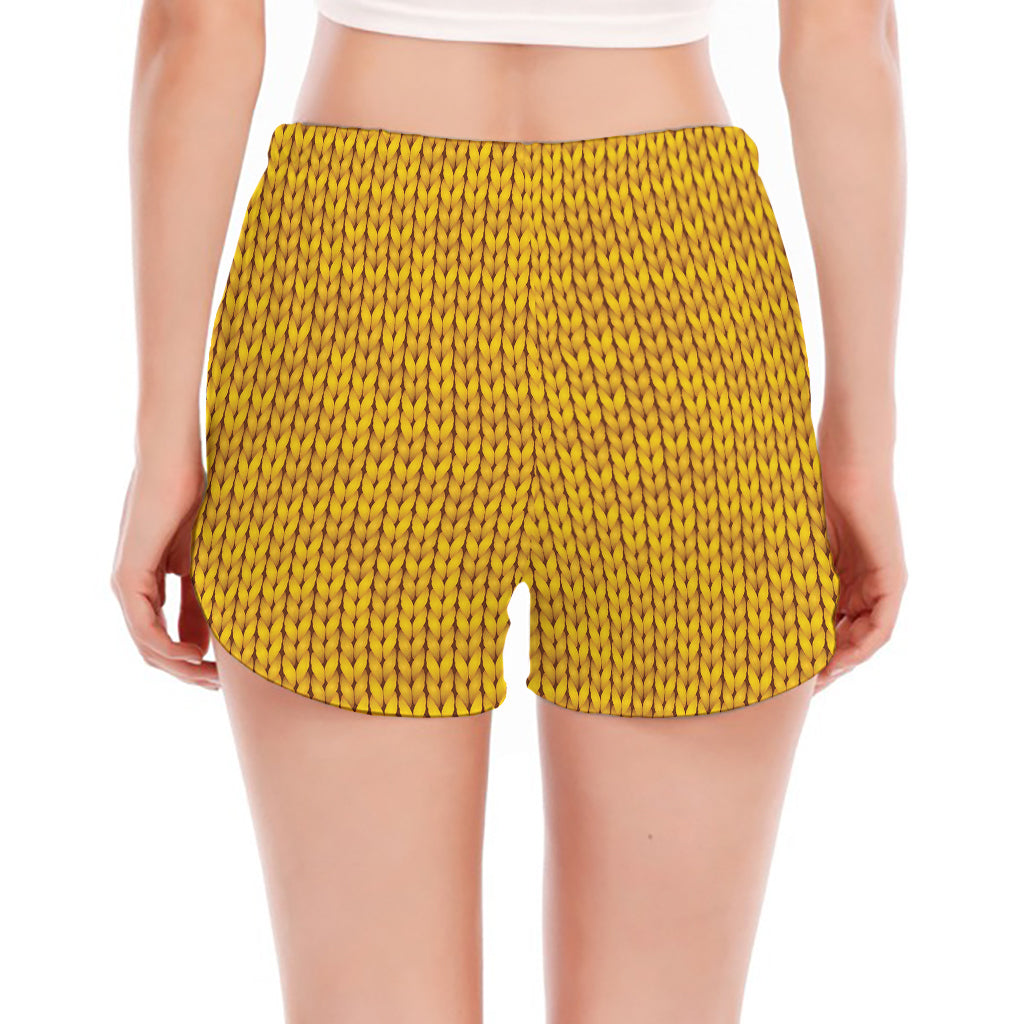 Yellow Knitted Pattern Print Women's Split Running Shorts