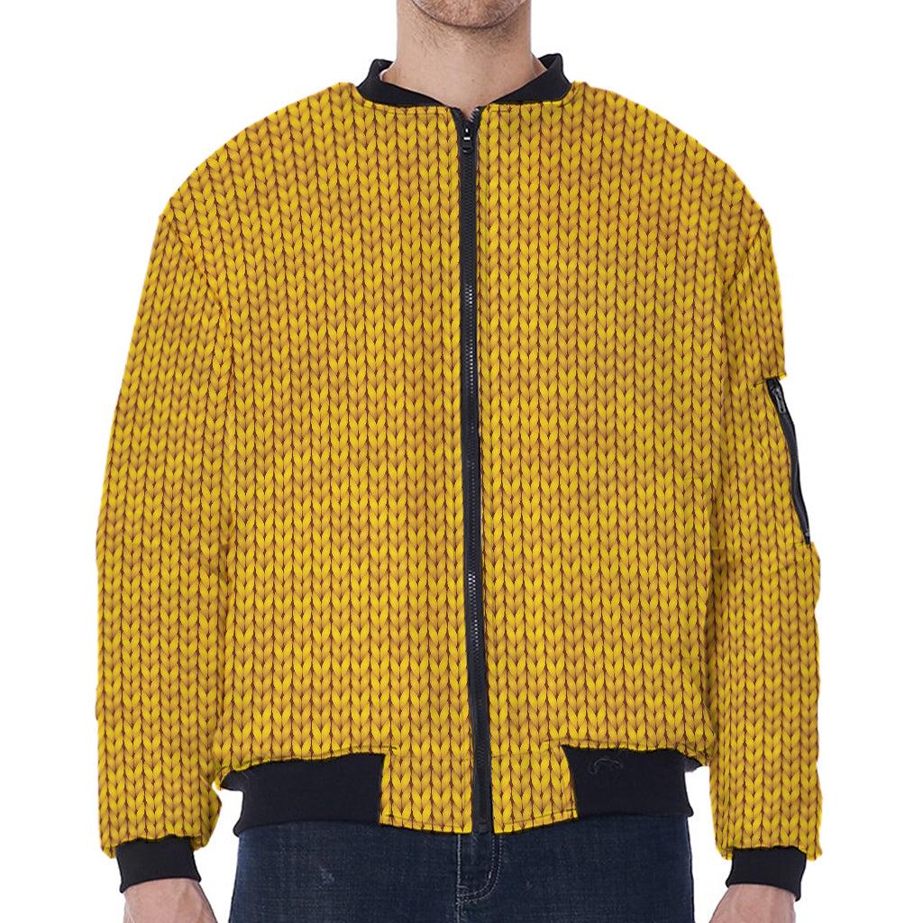 Yellow Knitted Pattern Print Zip Sleeve Bomber Jacket