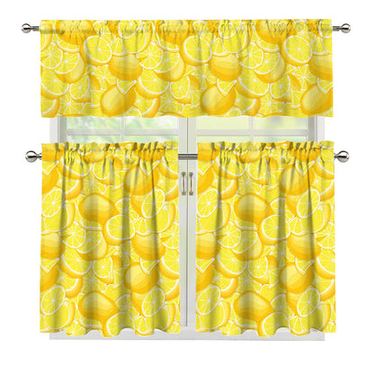Yellow Lemon Pattern Print 3 Piece Kitchen Curtains