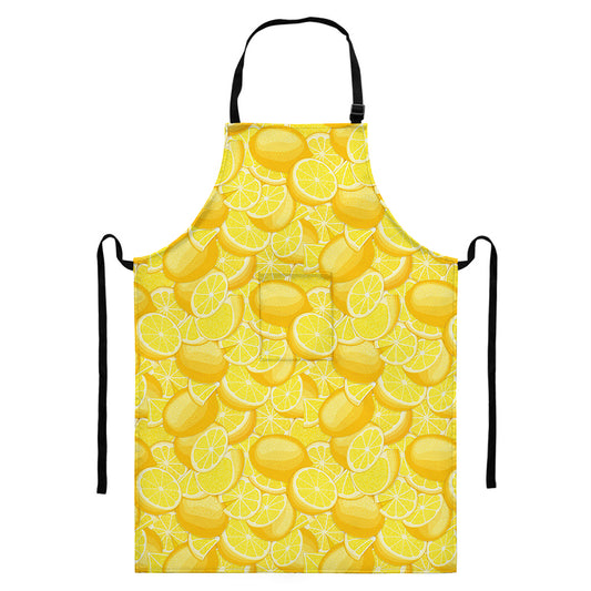 Yellow Lemon Pattern Print Bib Apron With Pocket