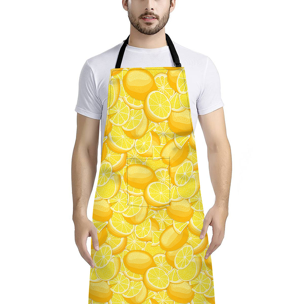Yellow Lemon Pattern Print Bib Apron With Pocket
