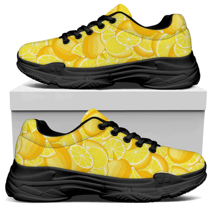 Yellow Lemon Pattern Print Black Chunky Shoes
