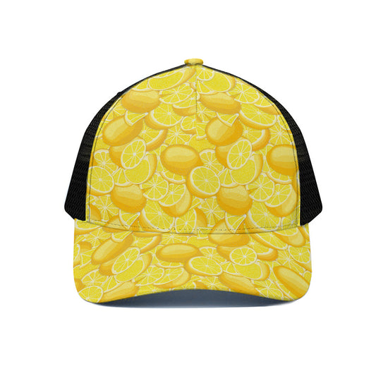 Yellow Lemon Pattern Print Black Mesh Trucker Cap