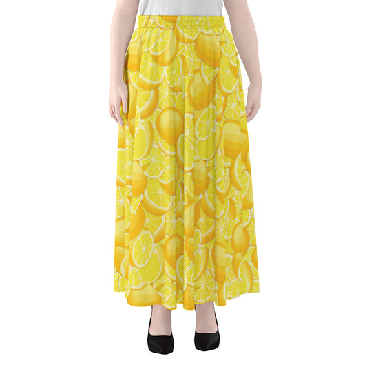 Yellow Lemon Pattern Print Chiffon Maxi Skirt