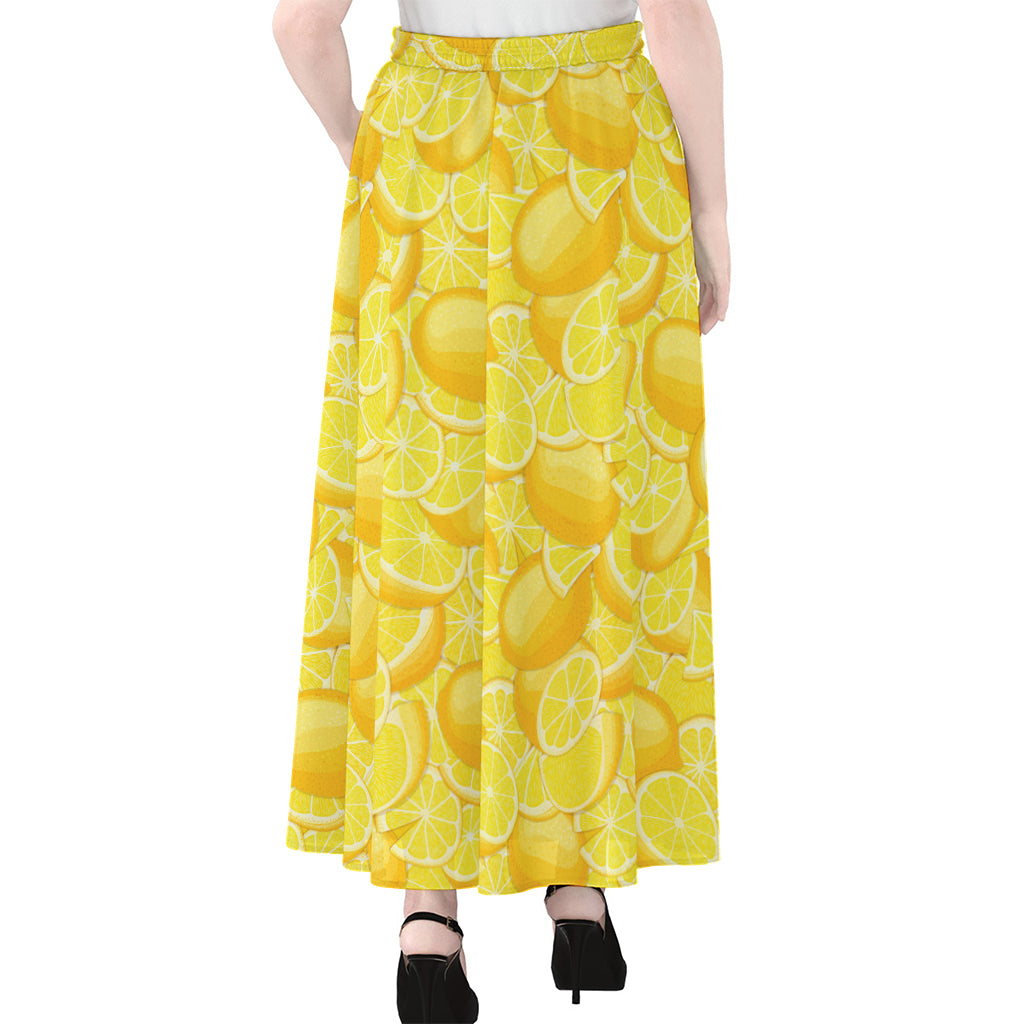 Yellow Lemon Pattern Print Chiffon Maxi Skirt