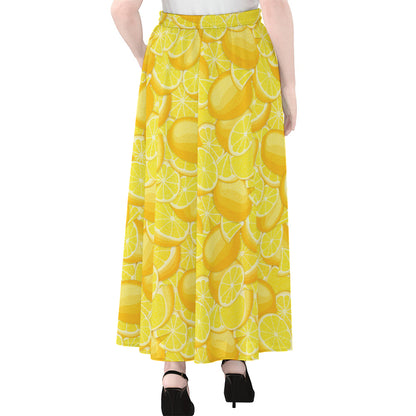 Yellow Lemon Pattern Print Chiffon Maxi Skirt